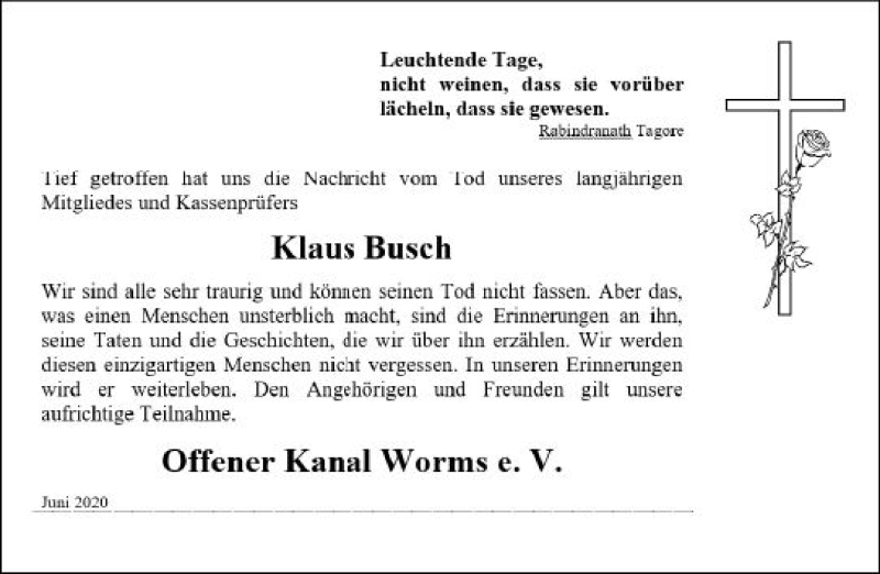  Traueranzeige für Klaus Busch vom 03.07.2020 aus vrm-trauer