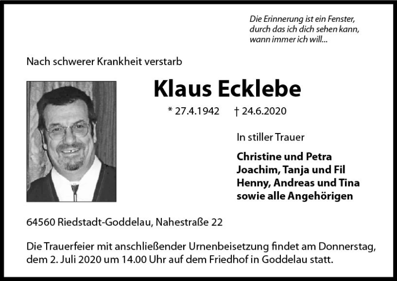  Traueranzeige für Klaus Ecklebe vom 02.07.2020 aus vrm-trauer