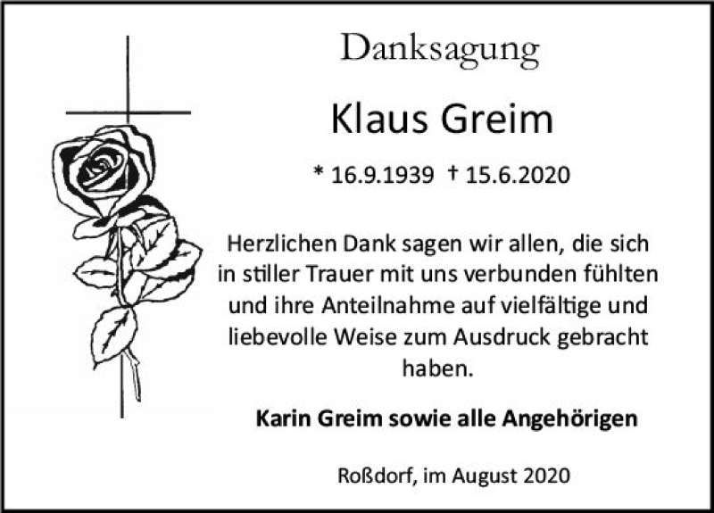  Traueranzeige für Klaus Greim vom 01.08.2020 aus vrm-trauer