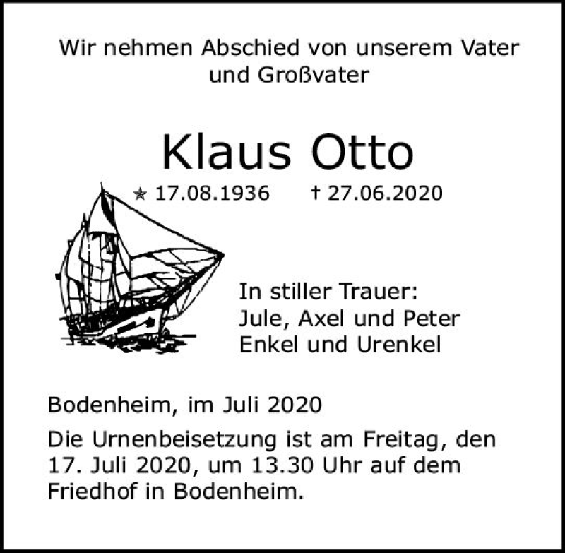  Traueranzeige für Klaus Otto vom 08.07.2020 aus vrm-trauer