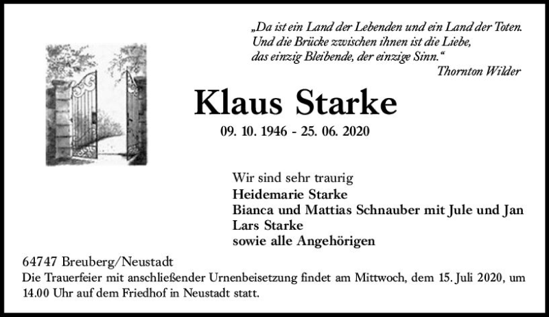  Traueranzeige für Klaus Starke vom 11.07.2020 aus vrm-trauer