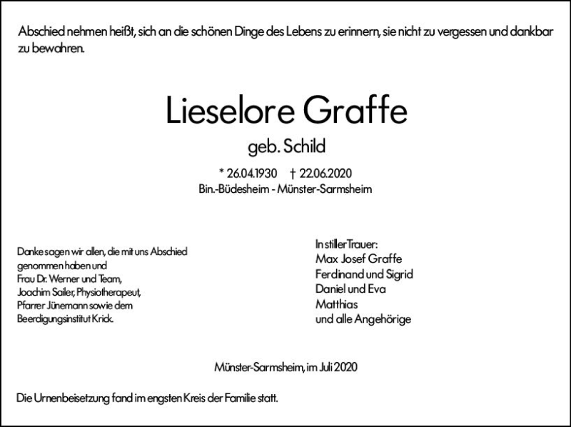  Traueranzeige für Lieselore Graffe vom 11.07.2020 aus vrm-trauer