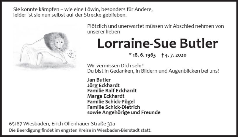  Traueranzeige für Lorraine-Sue Butler vom 11.07.2020 aus vrm-trauer