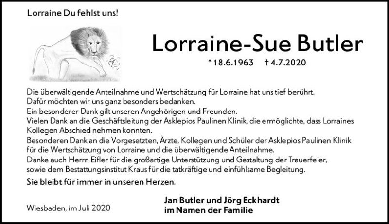  Traueranzeige für Lorraine-Sue Butler vom 18.07.2020 aus vrm-trauer