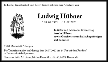 Traueranzeige von Ludwig Hübner von vrm-trauer