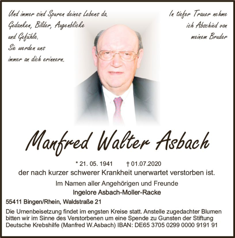  Traueranzeige für Manfred Walter Asbach vom 11.07.2020 aus vrm-trauer