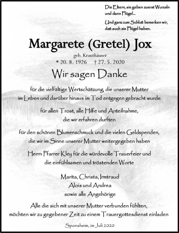 Traueranzeige von Margarete Jox von vrm-trauer