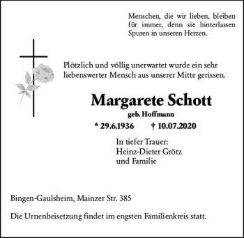 Traueranzeige von Margarete Schott von vrm-trauer