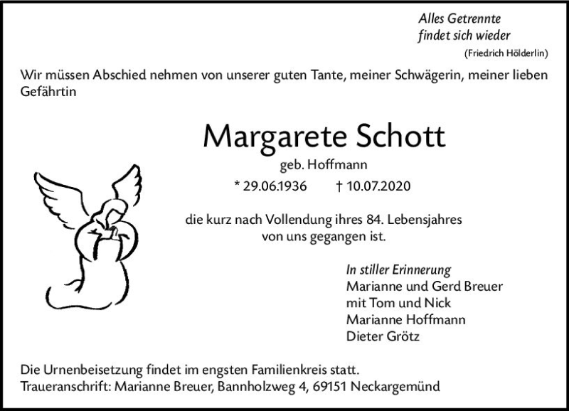  Traueranzeige für Margarete Schott vom 11.07.2020 aus vrm-trauer