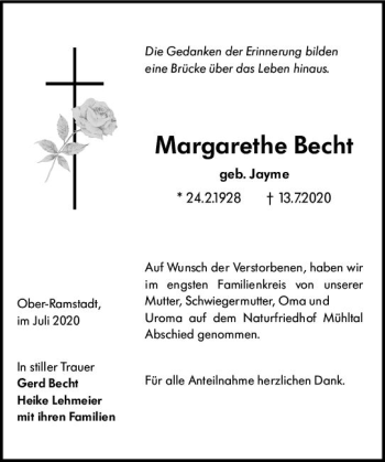 Traueranzeige von Margarethe Becht von vrm-trauer