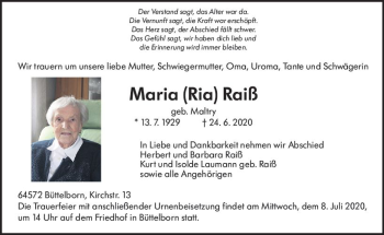 Traueranzeige von Maria Raiß von vrm-trauer