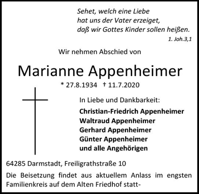  Traueranzeige für Marianne Appenheimer vom 18.07.2020 aus vrm-trauer