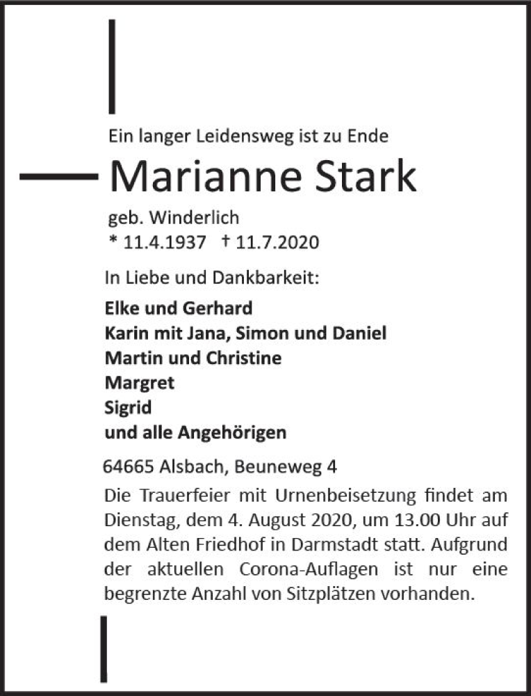  Traueranzeige für Marianne Stark vom 18.07.2020 aus vrm-trauer