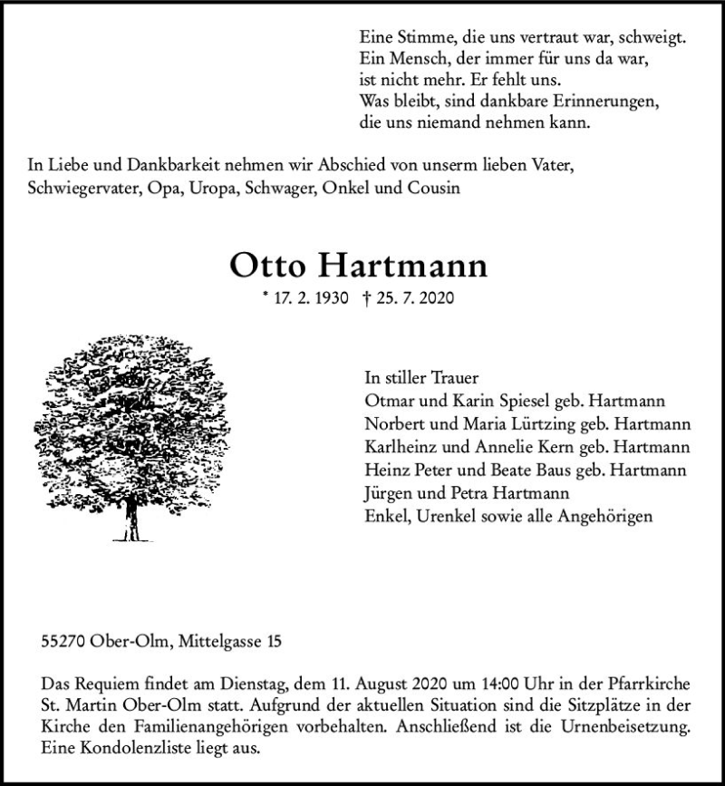  Traueranzeige für Otto Hartmann vom 01.08.2020 aus vrm-trauer