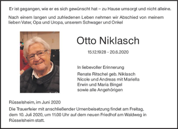 Traueranzeige von Otto Niklasch von vrm-trauer