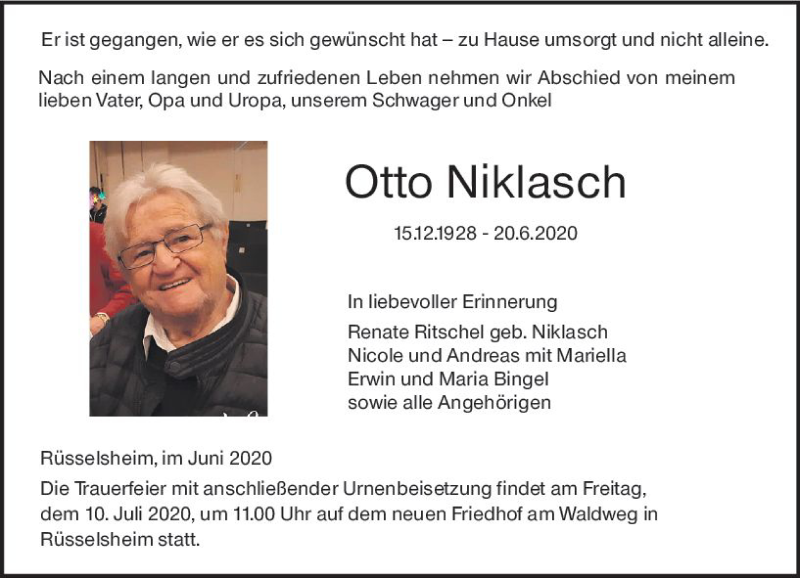  Traueranzeige für Otto Niklasch vom 04.07.2020 aus vrm-trauer