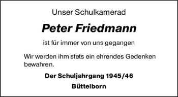 Traueranzeige von Peter Friedmann von vrm-trauer