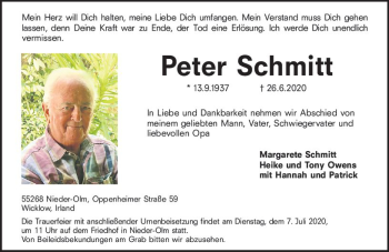 Traueranzeige von Peter Schmitt von vrm-trauer