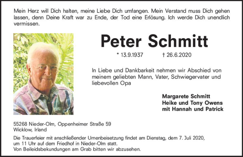  Traueranzeige für Peter Schmitt vom 04.07.2020 aus vrm-trauer