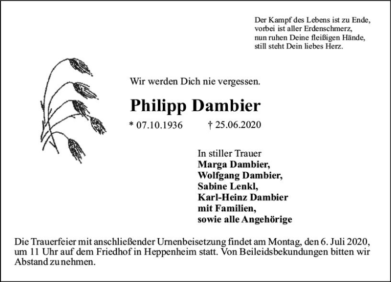  Traueranzeige für Philipp Dambier vom 02.07.2020 aus vrm-trauer