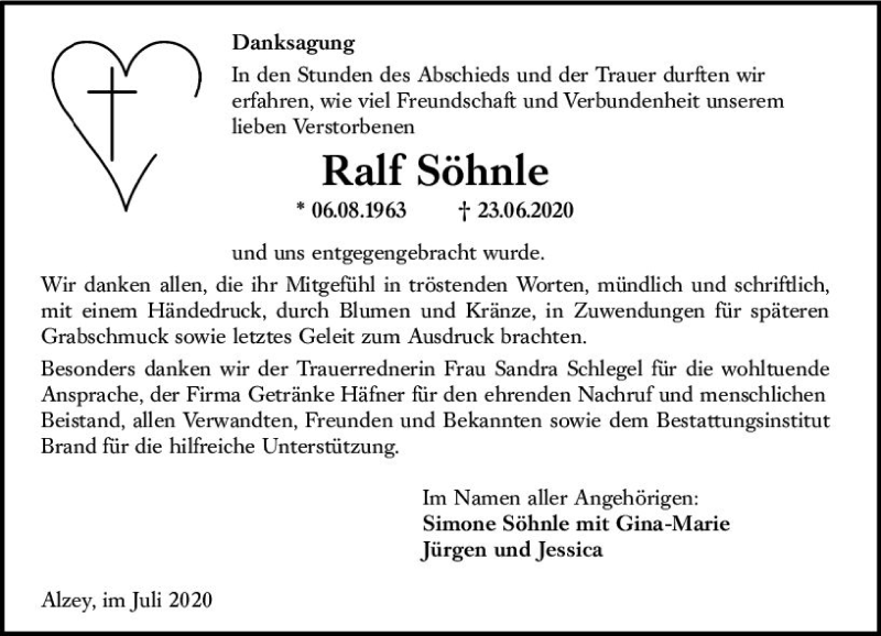  Traueranzeige für Ralf Söhnle vom 18.07.2020 aus vrm-trauer