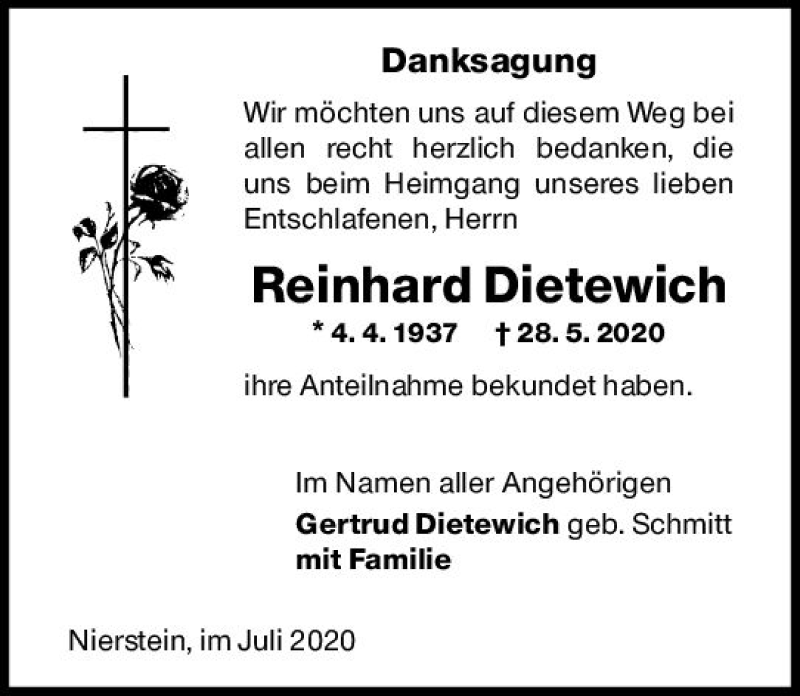  Traueranzeige für Reinhard Dietewich vom 04.07.2020 aus vrm-trauer