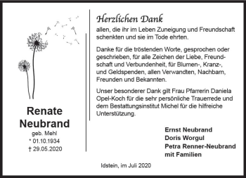 Traueranzeige von Renate Neubrand von vrm-trauer