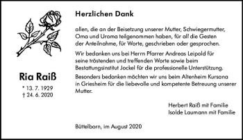 Traueranzeige von Ria Raiß von vrm-trauer
