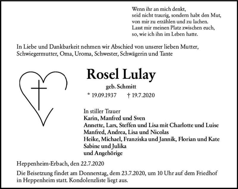  Traueranzeige für Rose Lulay vom 22.07.2020 aus vrm-trauer