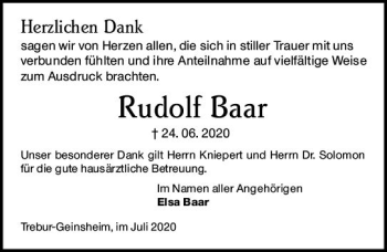 Traueranzeige von Rudolf Baar von vrm-trauer
