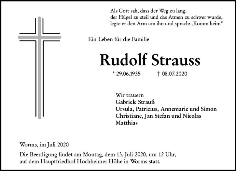  Traueranzeige für Rudolf Strauss vom 11.07.2020 aus vrm-trauer
