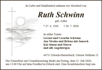 Traueranzeige von Ruth Schwinn von vrm-trauer