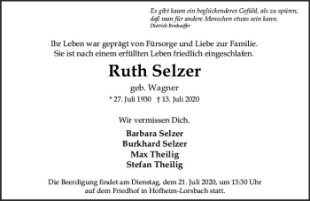 Traueranzeige von Ruth Selzer von vrm-trauer