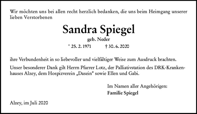  Traueranzeige für Sandra Spiegel vom 18.07.2020 aus vrm-trauer
