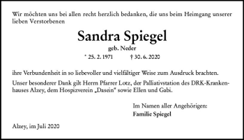 Traueranzeige von Sandra Spiegel von vrm-trauer