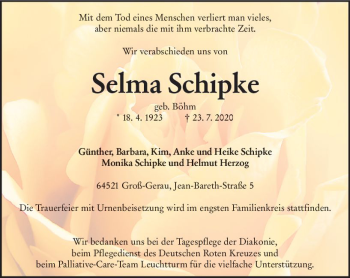 Traueranzeige von Selma Schipke von vrm-trauer