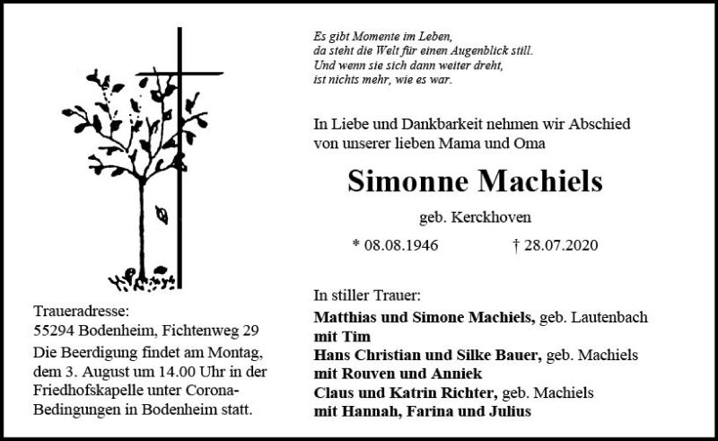  Traueranzeige für Simonne Machiels vom 01.08.2020 aus vrm-trauer