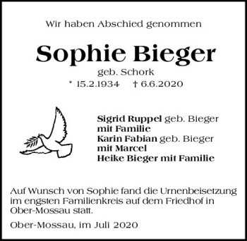Traueranzeige von Sophie Bieger von vrm-trauer