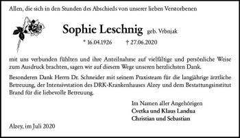 Traueranzeige von Sophie Leschnig von vrm-trauer