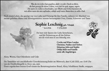 Traueranzeige von Sophie Leschnig von vrm-trauer