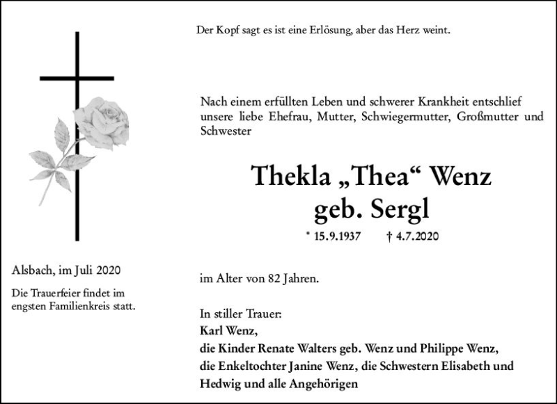  Traueranzeige für Thekla Wenz vom 07.07.2020 aus vrm-trauer