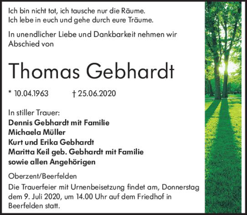  Traueranzeige für Thomas Gebhardt vom 04.07.2020 aus vrm-trauer