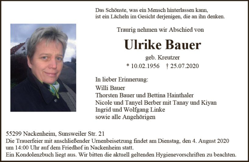  Traueranzeige für Ulrike Bauer vom 01.08.2020 aus vrm-trauer