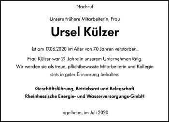 Traueranzeige von Ursel Külzer von vrm-trauer