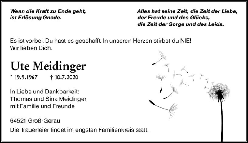  Traueranzeige für Ute Meidinger vom 18.07.2020 aus vrm-trauer