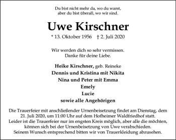 Traueranzeige von Uwe Kirschner von vrm-trauer