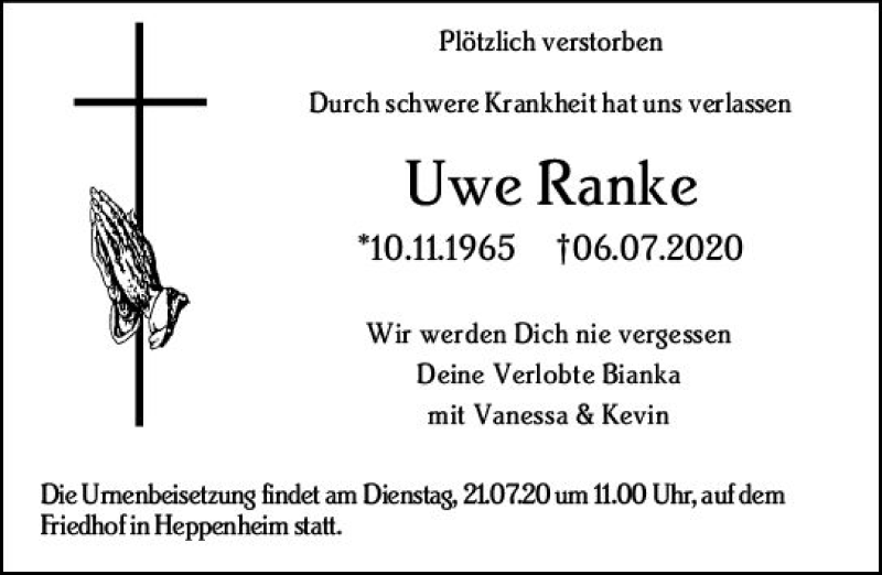  Traueranzeige für Uwe Ranke vom 18.07.2020 aus vrm-trauer