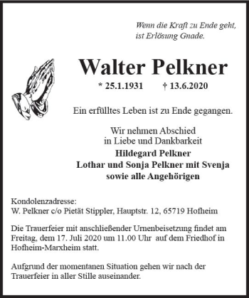 Traueranzeige von Walter Pelkner von vrm-trauer