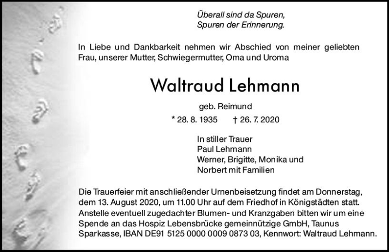  Traueranzeige für Waltraud Lehmann vom 01.08.2020 aus vrm-trauer