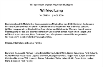 Traueranzeige von Wilfried Lang von vrm-trauer